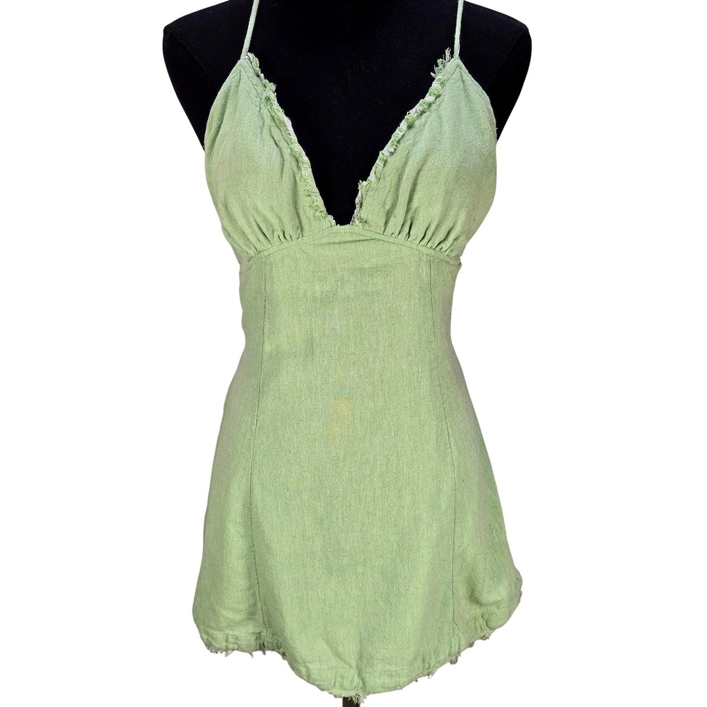 Women's Free People Small Green Silk Cotton‎ Halter Mini Dress Boho Beachy